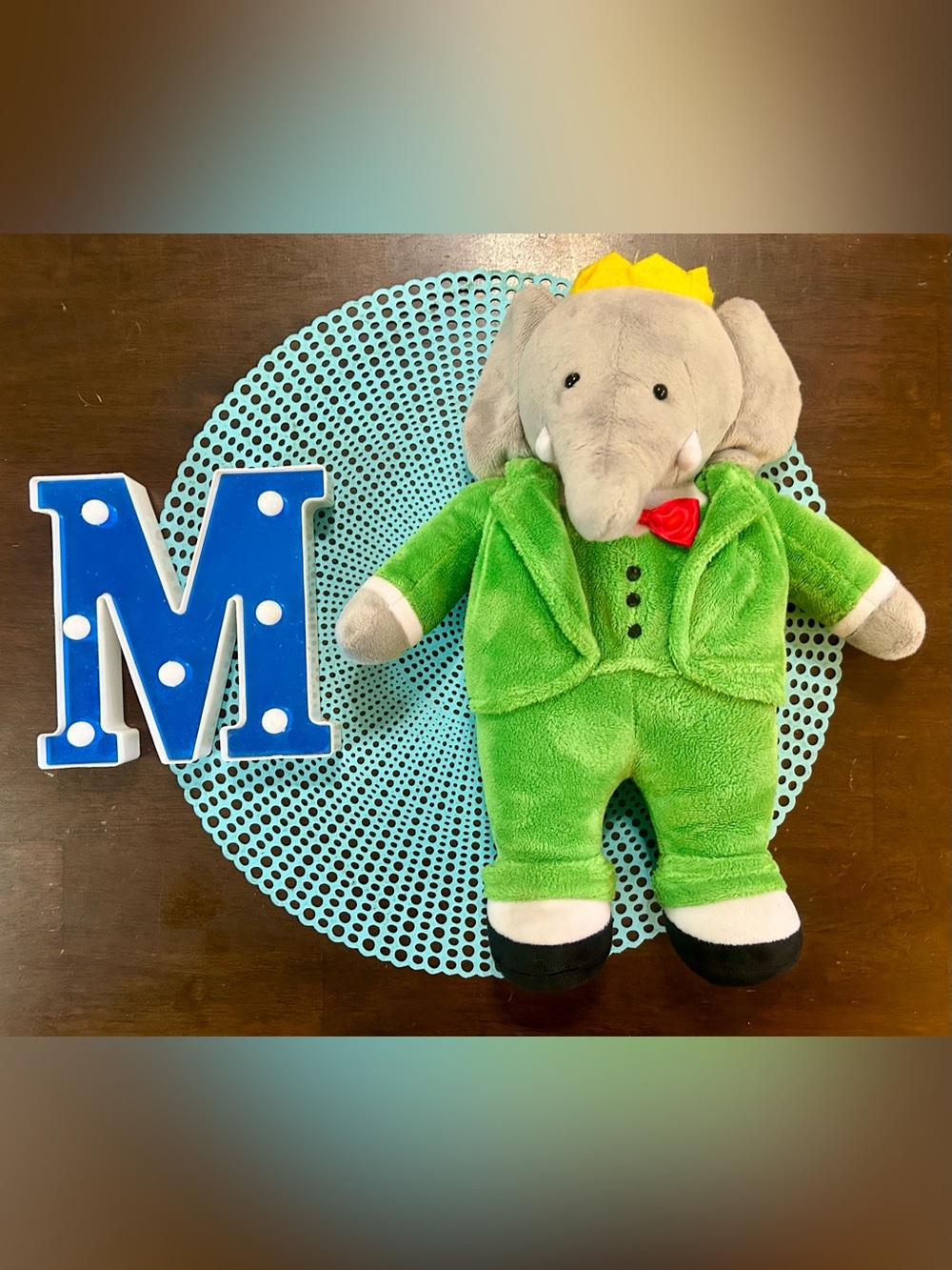 King Babar Elephant Yottoy 14” Plush Toy Stuffed Animal Green Suit Classic VTG